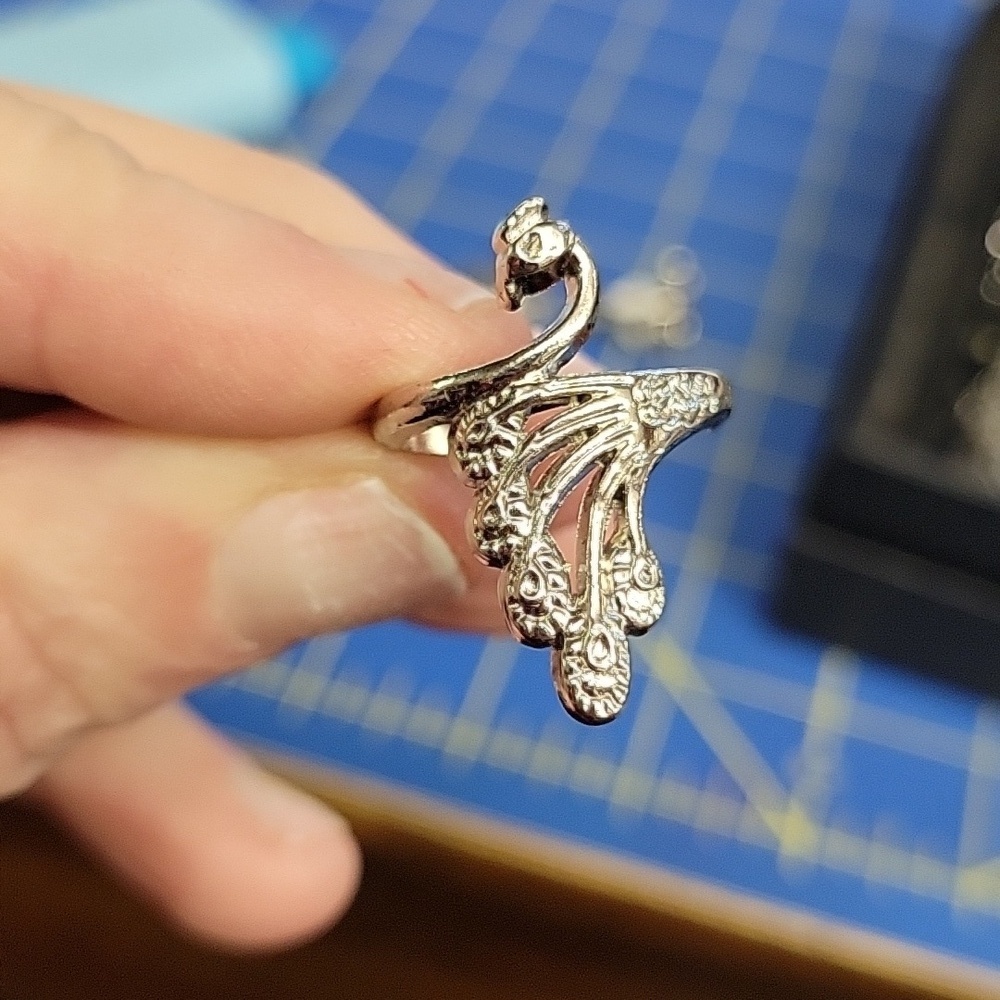 Peacock Silver Tone Ring Adjustable Size  7.5